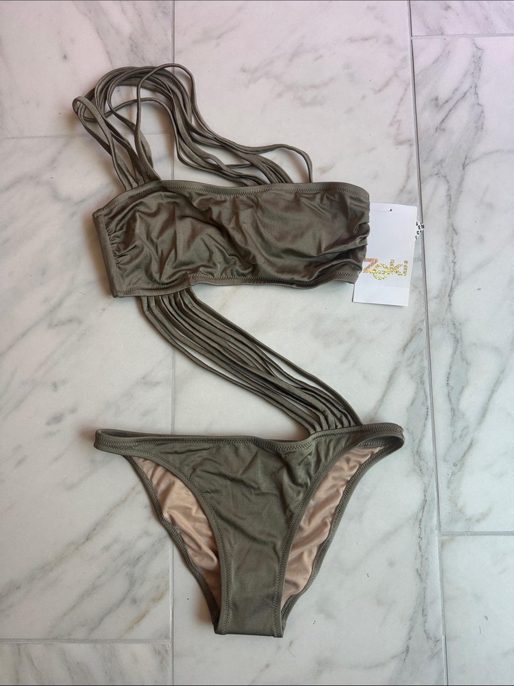 Zeki Triko Olive/Beige Strappy One-Piece Swimsuit